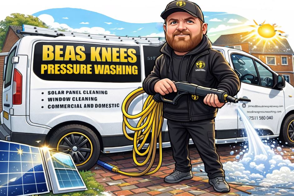 Illustration of James from Beas Knees Pressure Washing with the company van, pressure washer and solar panels in Redditch